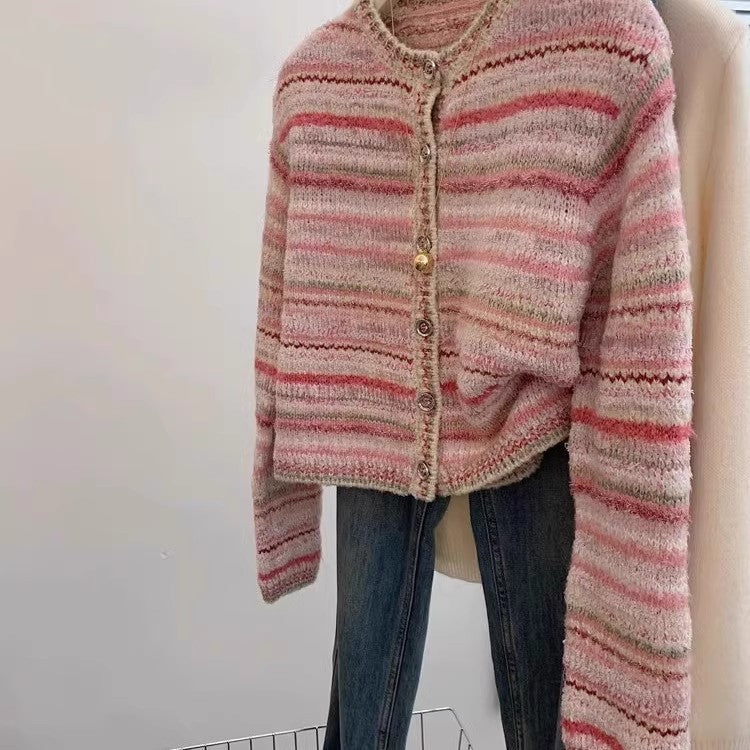Striped Tweed-Inspired Knit Cardigan – Chic & Cozy