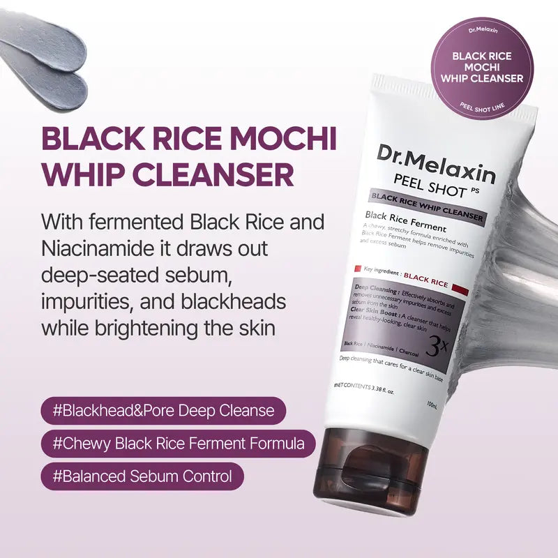 Peel Shot Black Rice Mochi Whip Cleanser 100ml formulated for blackheads, clogged pores, excess sebum, and dull skin
