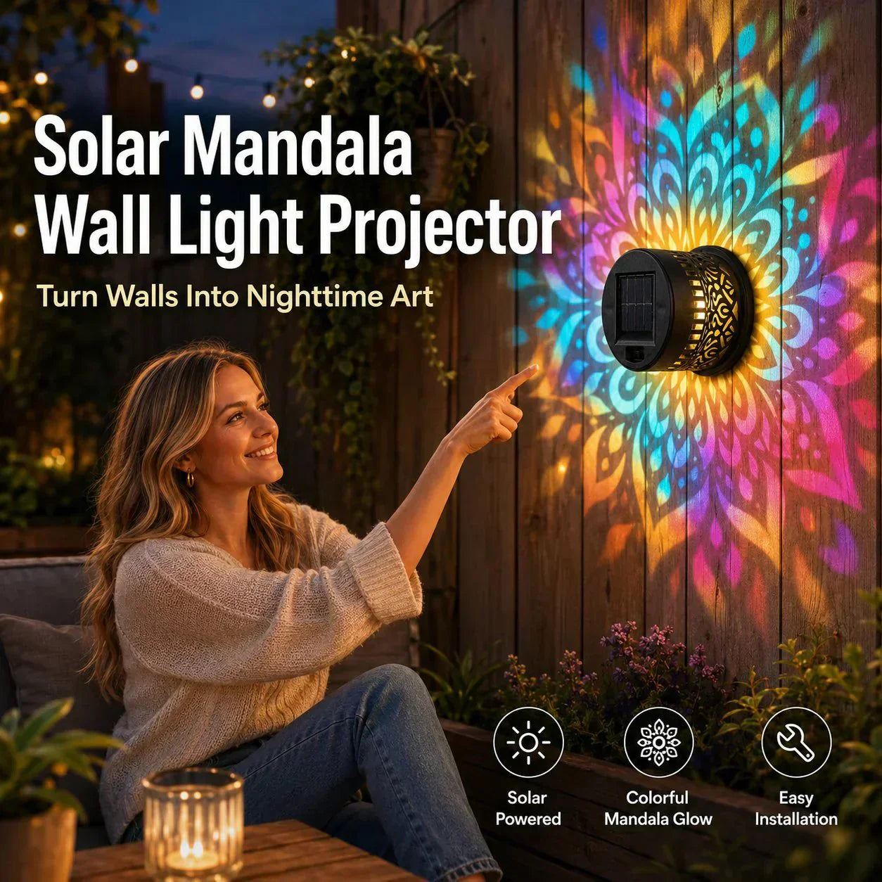 🎁2026 New Arrivals💥Solar Mandala Wall Light Outdoor Garden Fence Projector Lamp Patio Ambient Decor