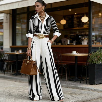 📢📢40% OFF !! ⏰Women's Striped Shirt & Wide-Leg Pants 2-Piece Set